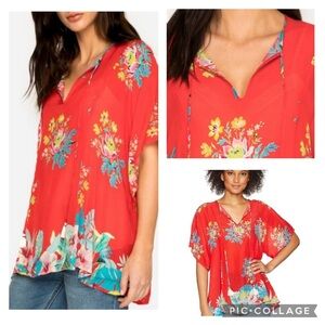 JOHNNY WAS Red Tropical Hibiscus Peonies Top Women’s M
